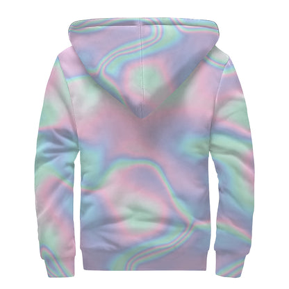 Holographic Waves Print Sherpa Lined Zip Up Hoodie