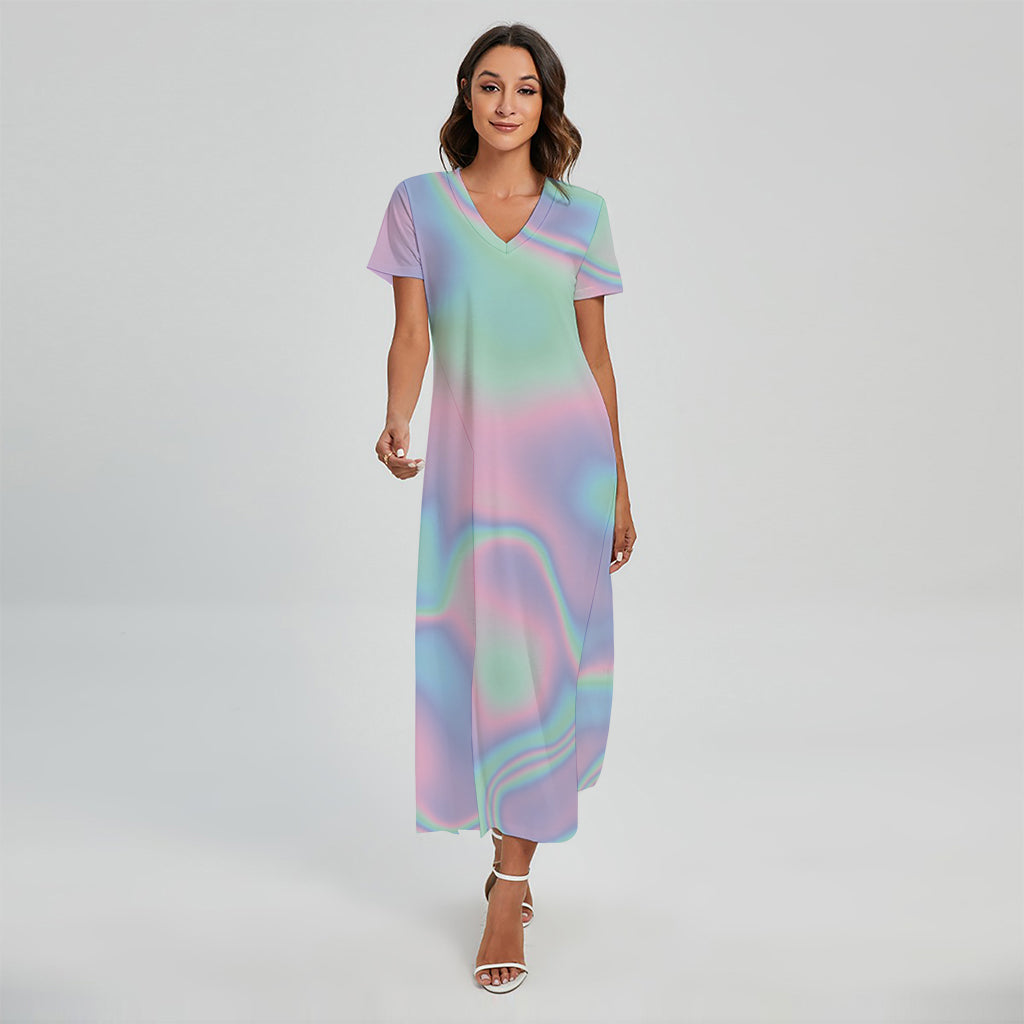 Holographic Waves Print Short Sleeve Maxi Dress