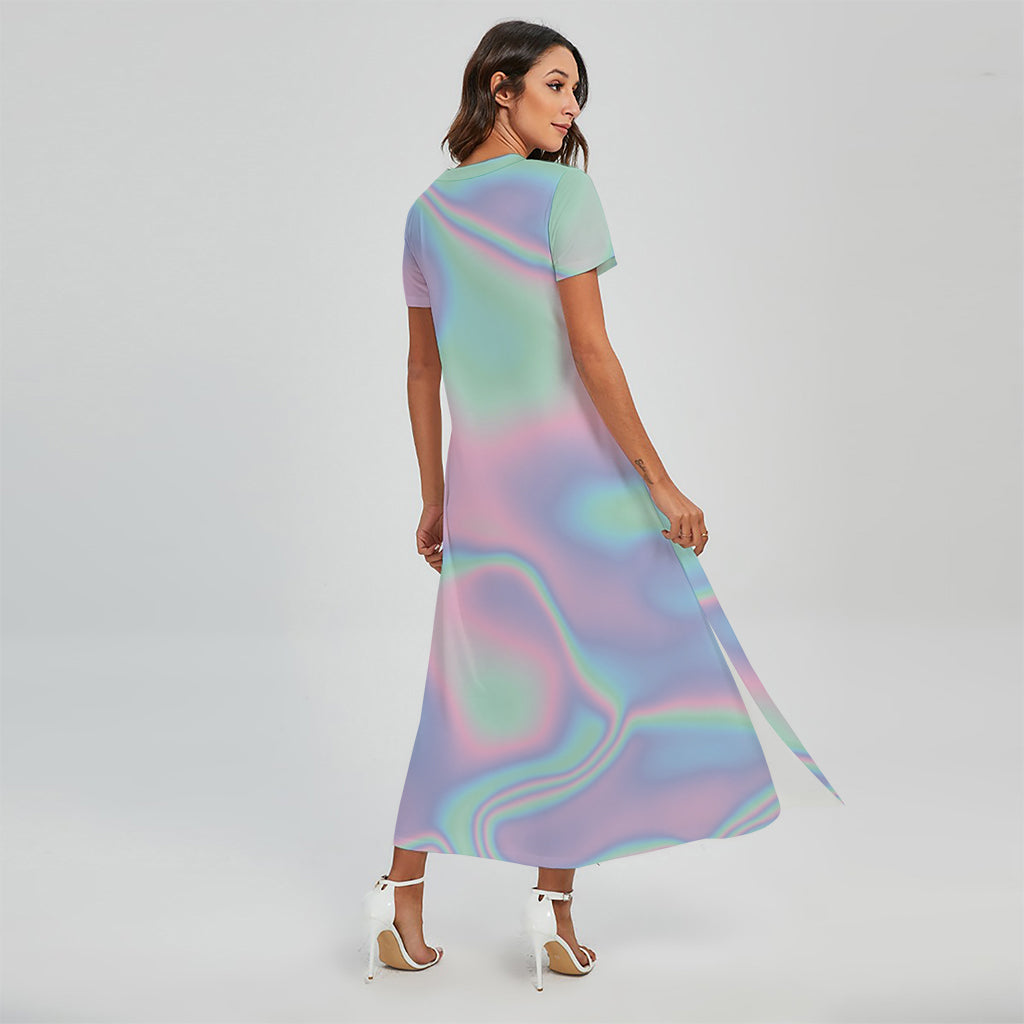 Holographic Waves Print Short Sleeve Maxi Dress