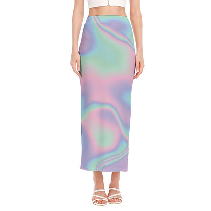 Holographic Waves Print Side Slit Maxi Skirt