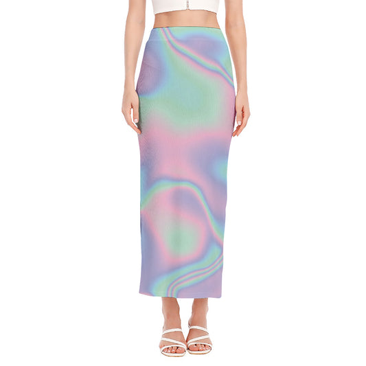 Holographic Waves Print Side Slit Maxi Skirt