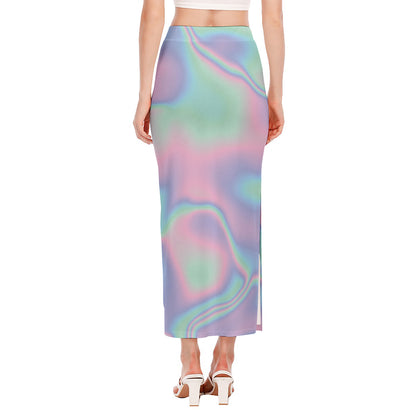 Holographic Waves Print Side Slit Maxi Skirt