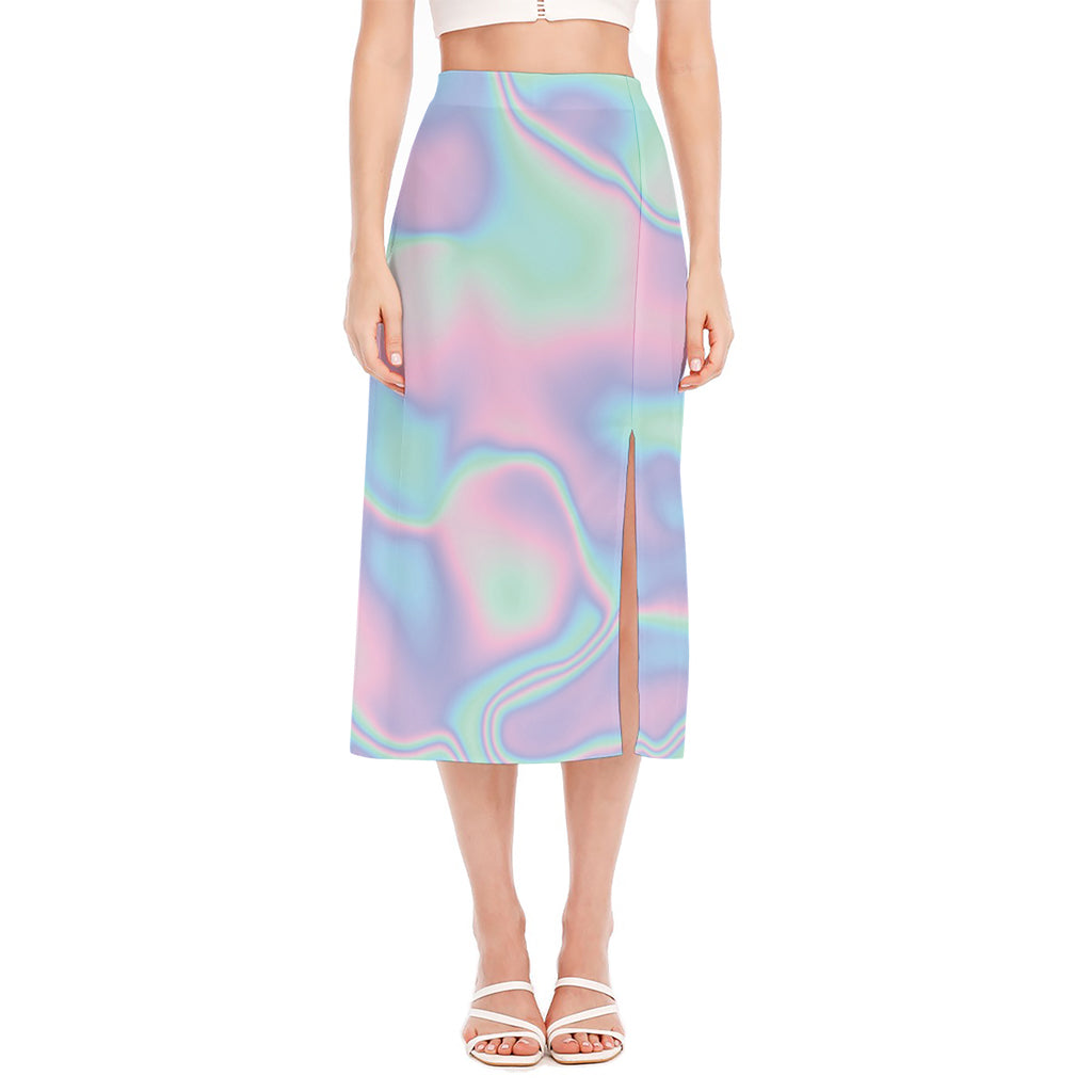 Holographic Waves Print Side Slit Midi Skirt