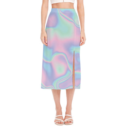 Holographic Waves Print Side Slit Midi Skirt