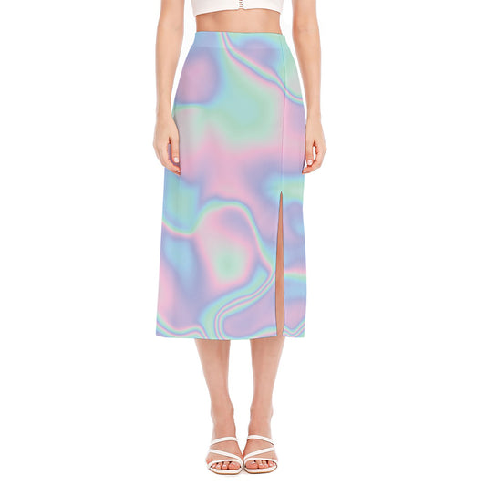 Holographic Waves Print Side Slit Midi Skirt