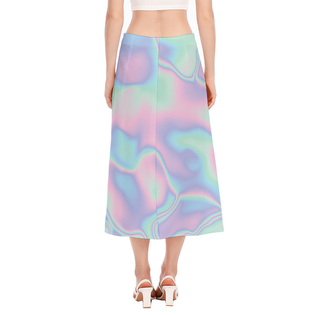 Holographic Waves Print Side Slit Midi Skirt