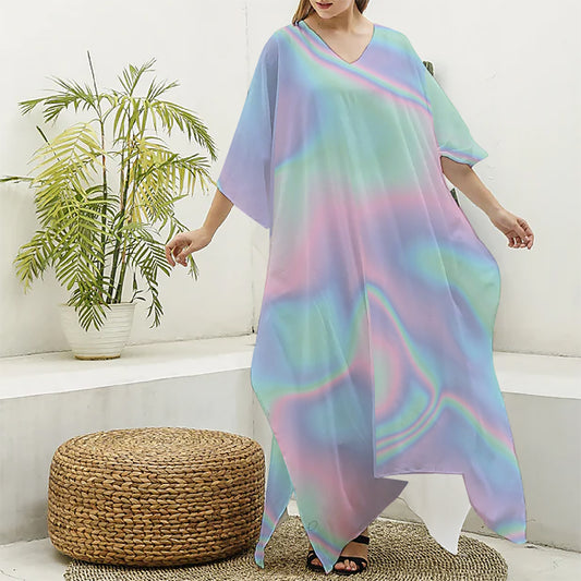 Holographic Waves Print Silk V-Neck Kaftan Dress