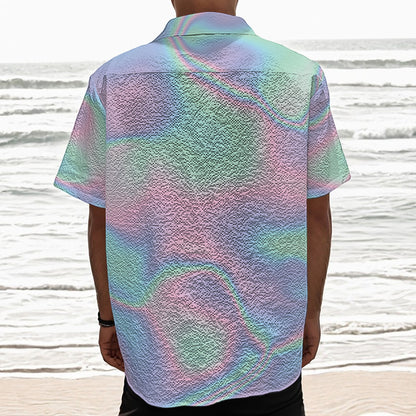 Holographic Waves Print Textured Short Sleeve Shirt