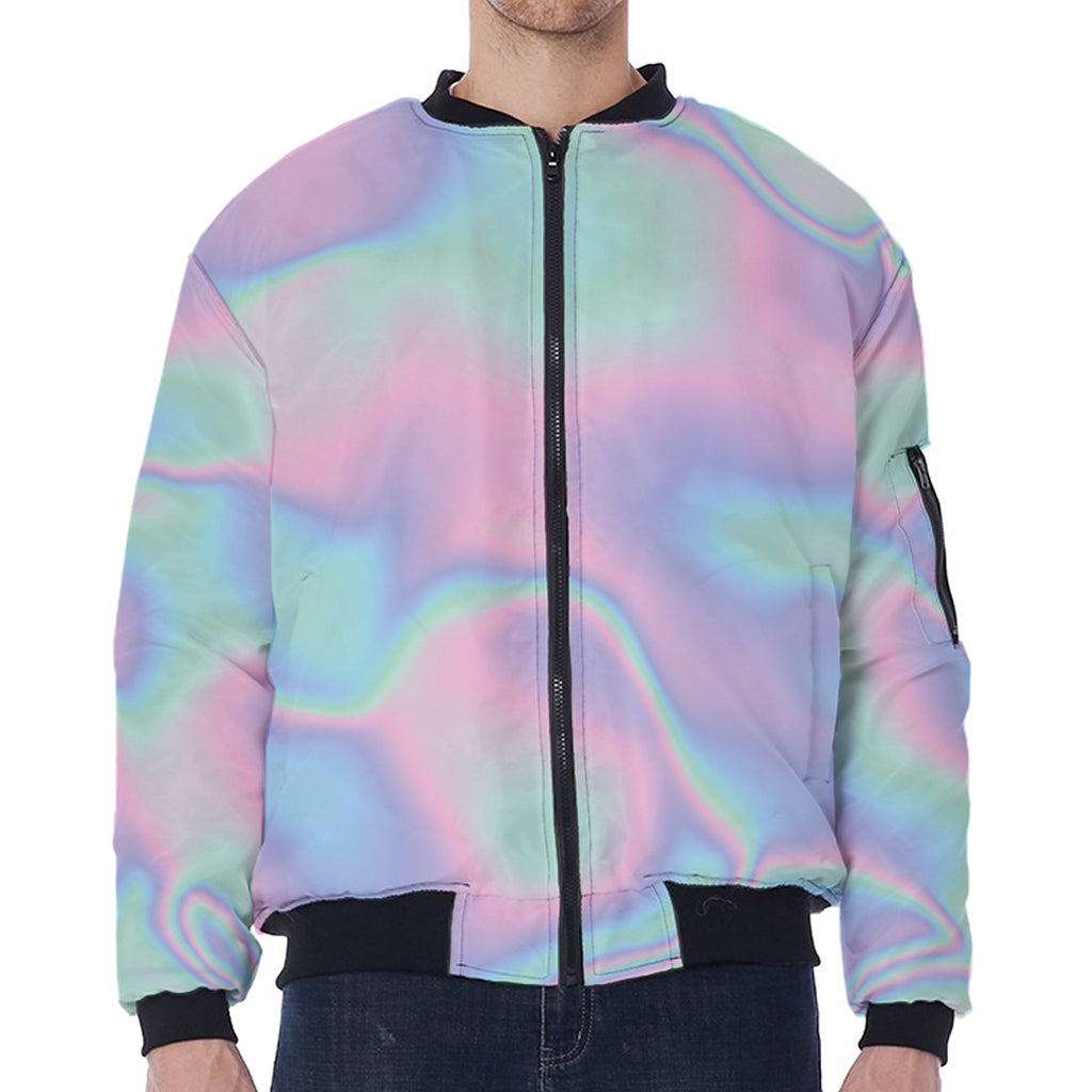 Holographic Waves Print Zip Sleeve Bomber Jacket