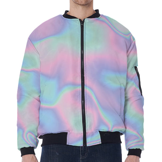 Holographic Waves Print Zip Sleeve Bomber Jacket
