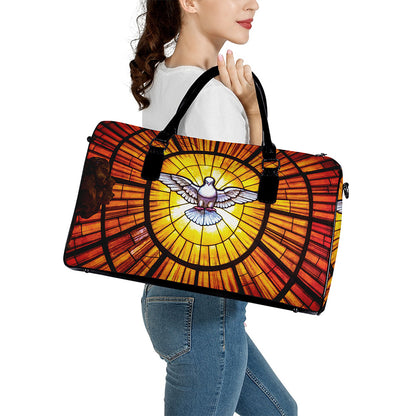 Holy Spirit Dove Stained Glass Print Leather Duffle Bag