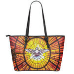 Holy Spirit Dove Stained Glass Print Leather Tote Bag