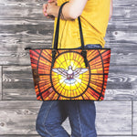 Holy Spirit Dove Stained Glass Print Leather Tote Bag