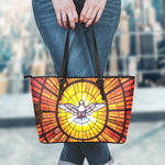 Holy Spirit Dove Stained Glass Print Leather Tote Bag