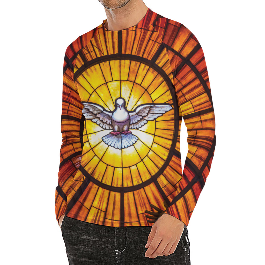 Holy Spirit Dove Stained Glass Print Men's Long Sleeve Rash Guard