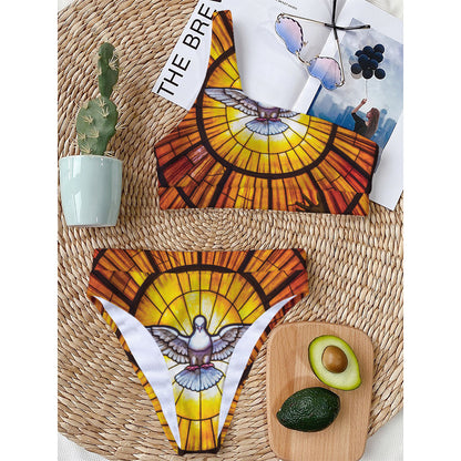Holy Spirit Dove Stained Glass Print One Shoulder Bikini Top