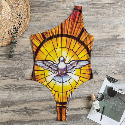 Holy Spirit Dove Stained Glass Print One Shoulder Bodysuit