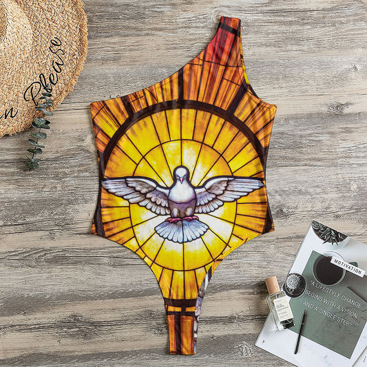 Holy Spirit Dove Stained Glass Print One Shoulder Bodysuit