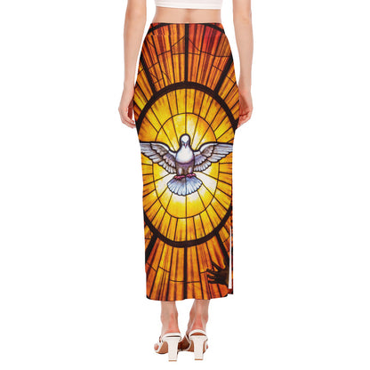Holy Spirit Dove Stained Glass Print Side Slit Maxi Skirt
