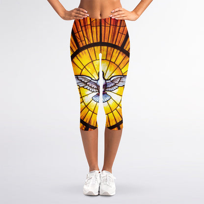Holy Spirit Dove Stained Glass Print Women's Capri Leggings
