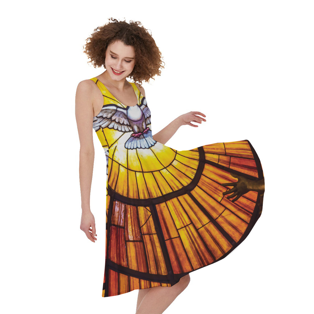 Holy Spirit Dove Stained Glass Print Women's Sleeveless Dress