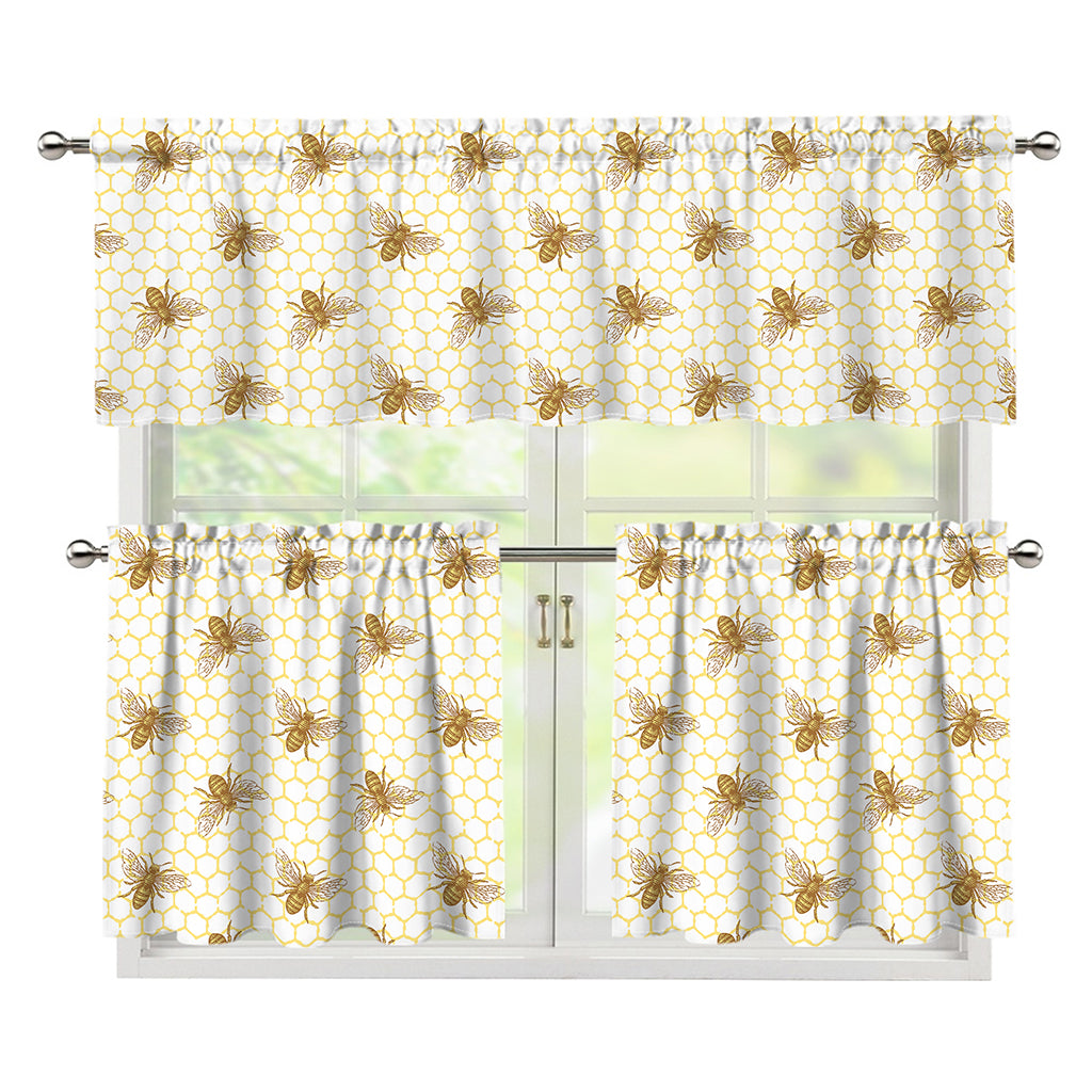 Honey Bee Hive Pattern Print 3 Piece Kitchen Curtains