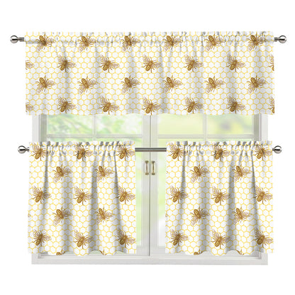 Honey Bee Hive Pattern Print 3 Piece Kitchen Curtains