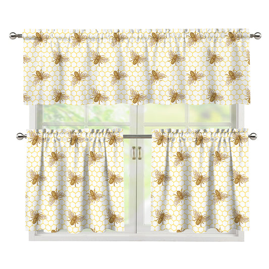 Honey Bee Hive Pattern Print 3 Piece Kitchen Curtains