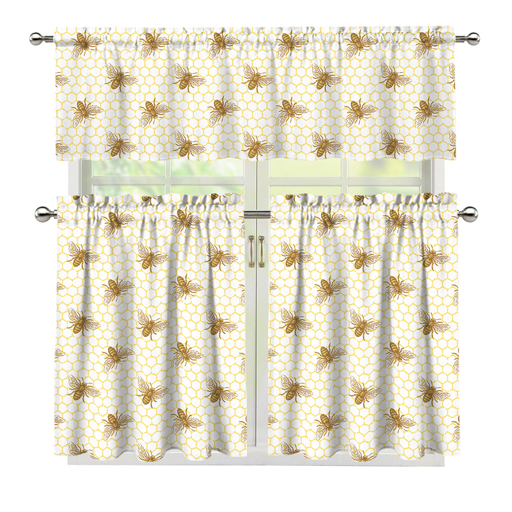 Honey Bee Hive Pattern Print 3 Piece Kitchen Curtains