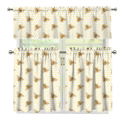 Honey Bee Hive Pattern Print 3 Piece Kitchen Curtains