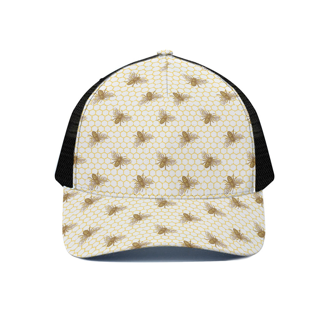 Honey Bee Hive Pattern Print Black Mesh Trucker Cap