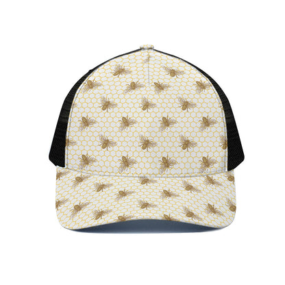 Honey Bee Hive Pattern Print Black Mesh Trucker Cap