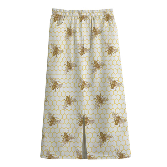 Honey Bee Hive Pattern Print Cotton Front Slit Maxi Skirt
