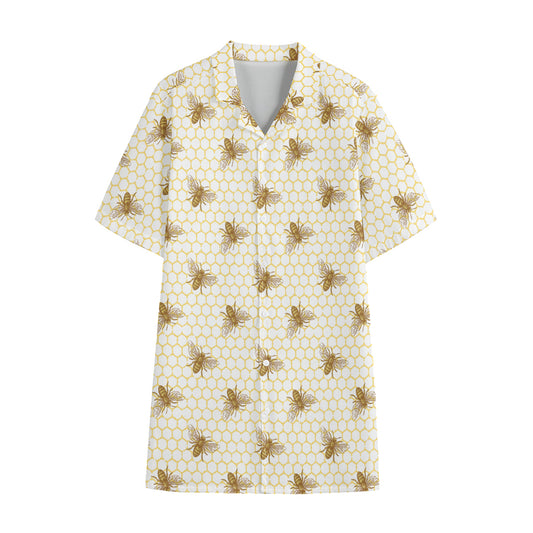 Honey Bee Hive Pattern Print Cotton Hawaiian Shirt