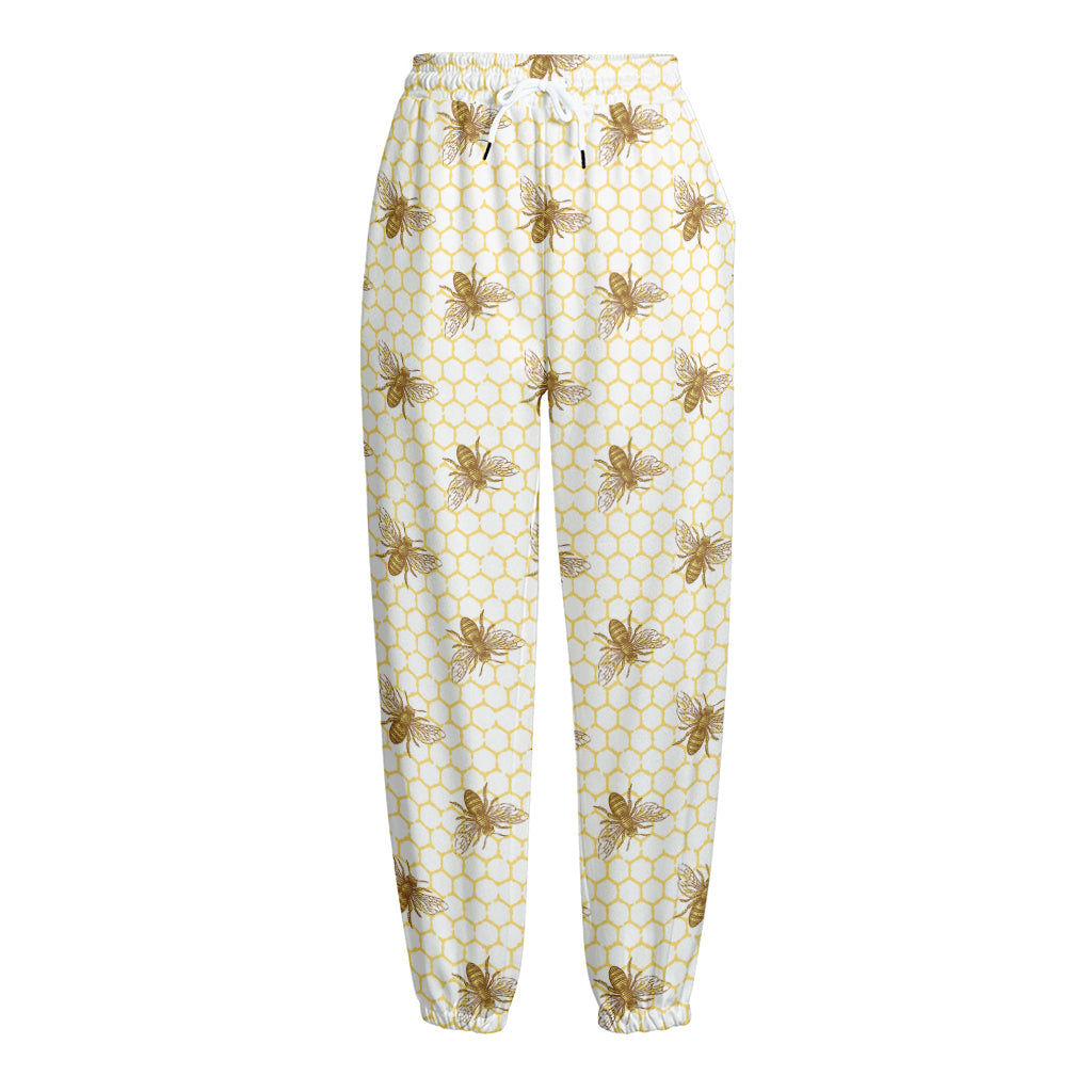 Honey Bee Hive Pattern Print Fleece Lined Knit Pants