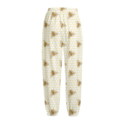 Honey Bee Hive Pattern Print Fleece Lined Knit Pants