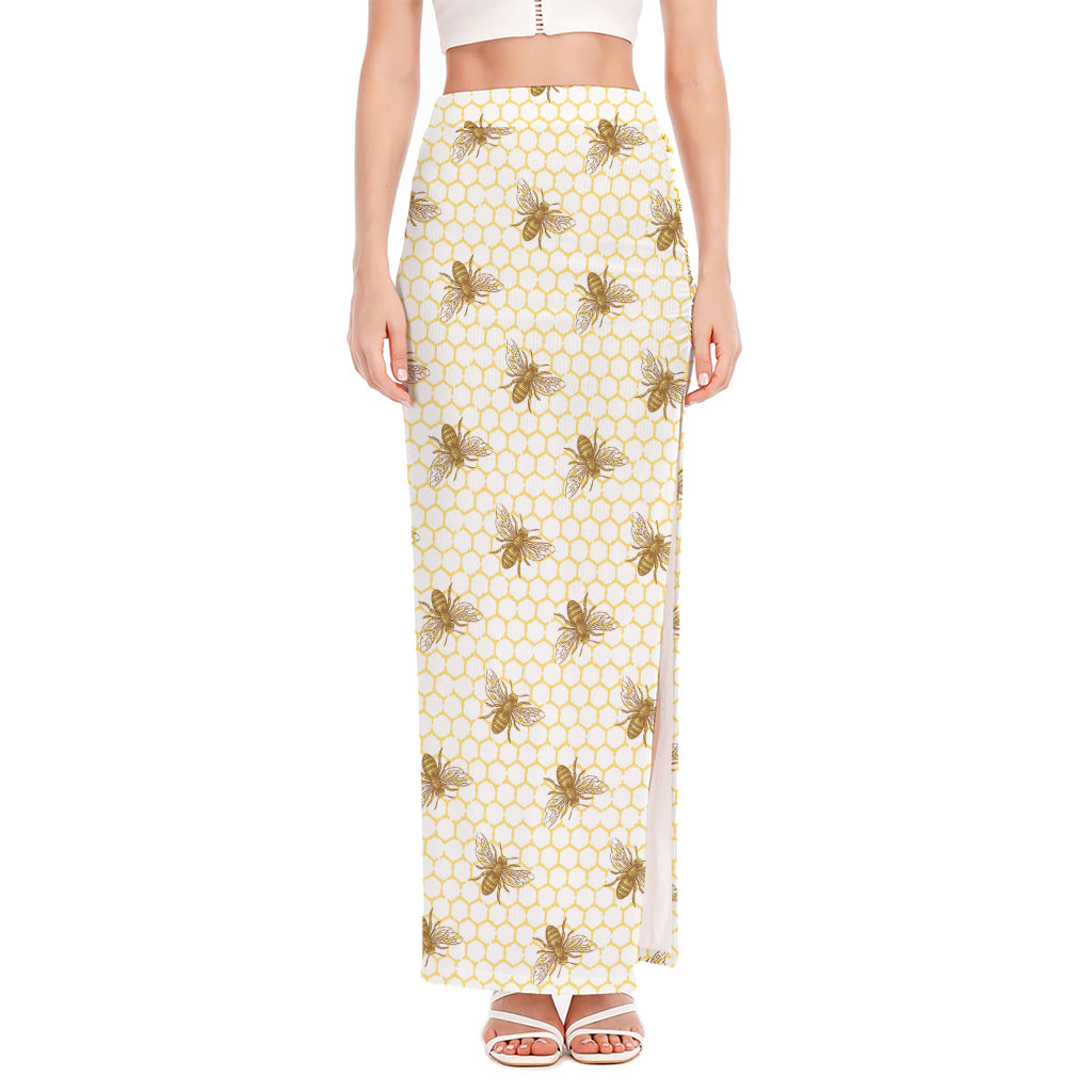 Honey Bee Hive Pattern Print High Slit Maxi Skirt
