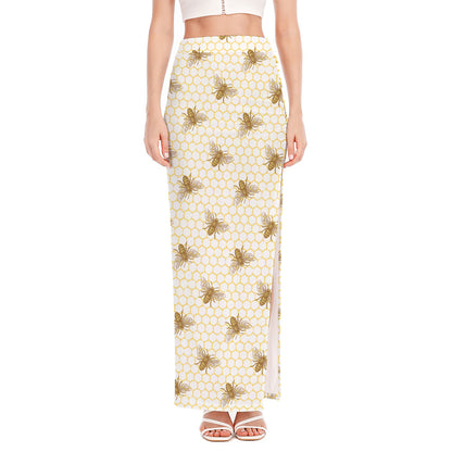 Honey Bee Hive Pattern Print High Slit Maxi Skirt