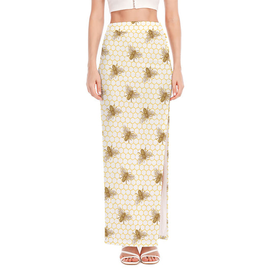 Honey Bee Hive Pattern Print High Slit Maxi Skirt