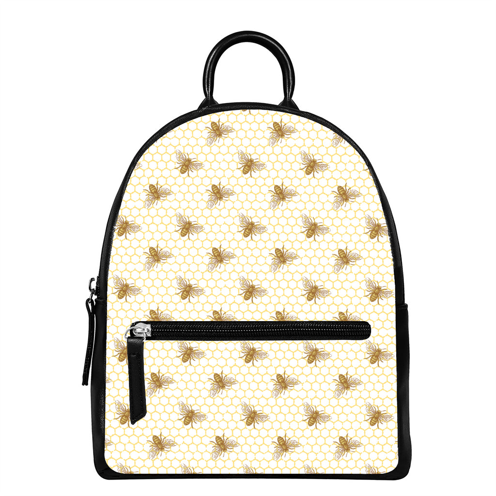 Honey Bee Hive Pattern Print Leather Backpack