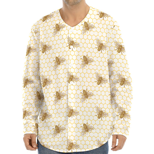 Honey Bee Hive Pattern Print Long Sleeve Baseball Jersey