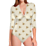 Honey Bee Hive Pattern Print Long Sleeve Swimsuit