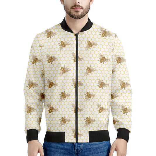 Honey Bee Hive Pattern Print Men's Bomber Jacket