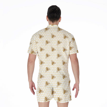 Honey Bee Hive Pattern Print Men's Rompers