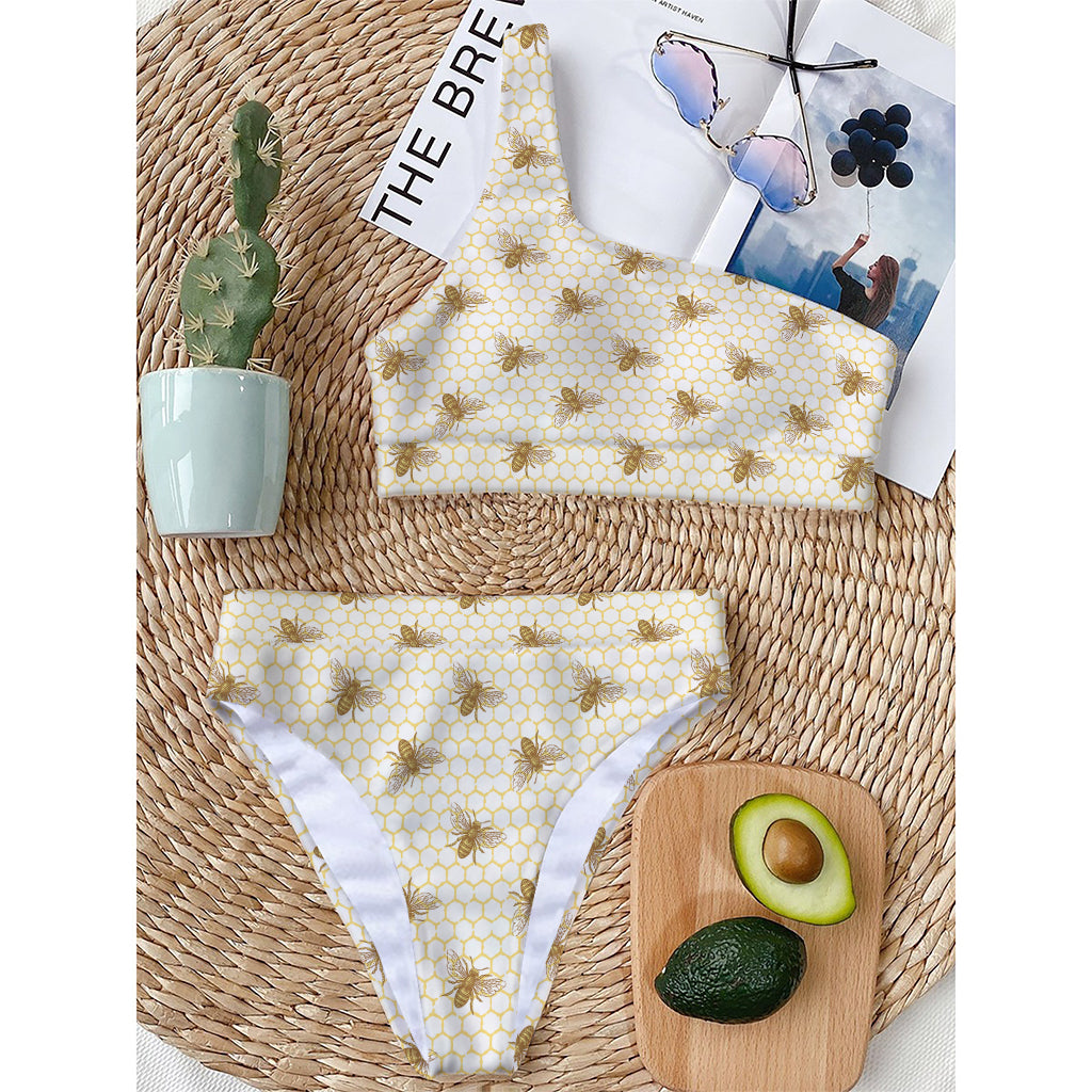 Honey Bee Hive Pattern Print One Shoulder Bikini Top