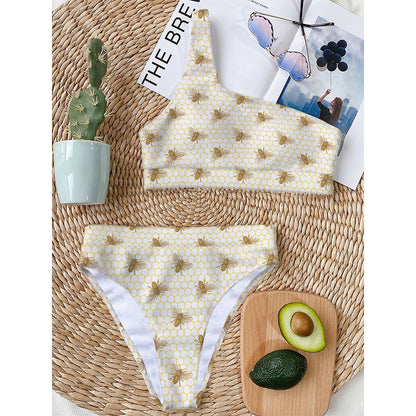 Honey Bee Hive Pattern Print One Shoulder Bikini Top