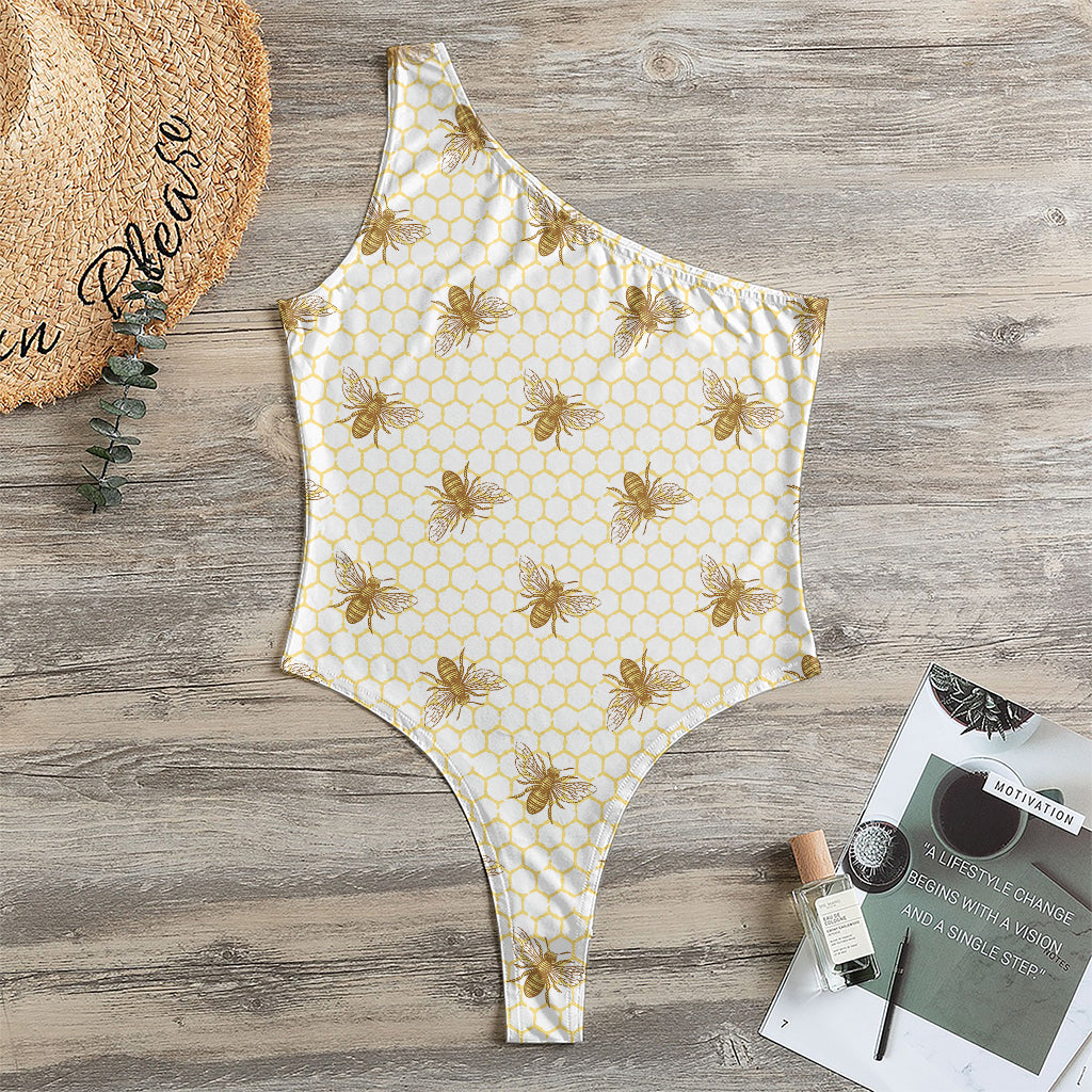 Honey Bee Hive Pattern Print One Shoulder Bodysuit