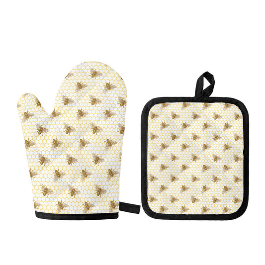 Honey Bee Hive Pattern Print Oven Mitt And Pot Holder Set