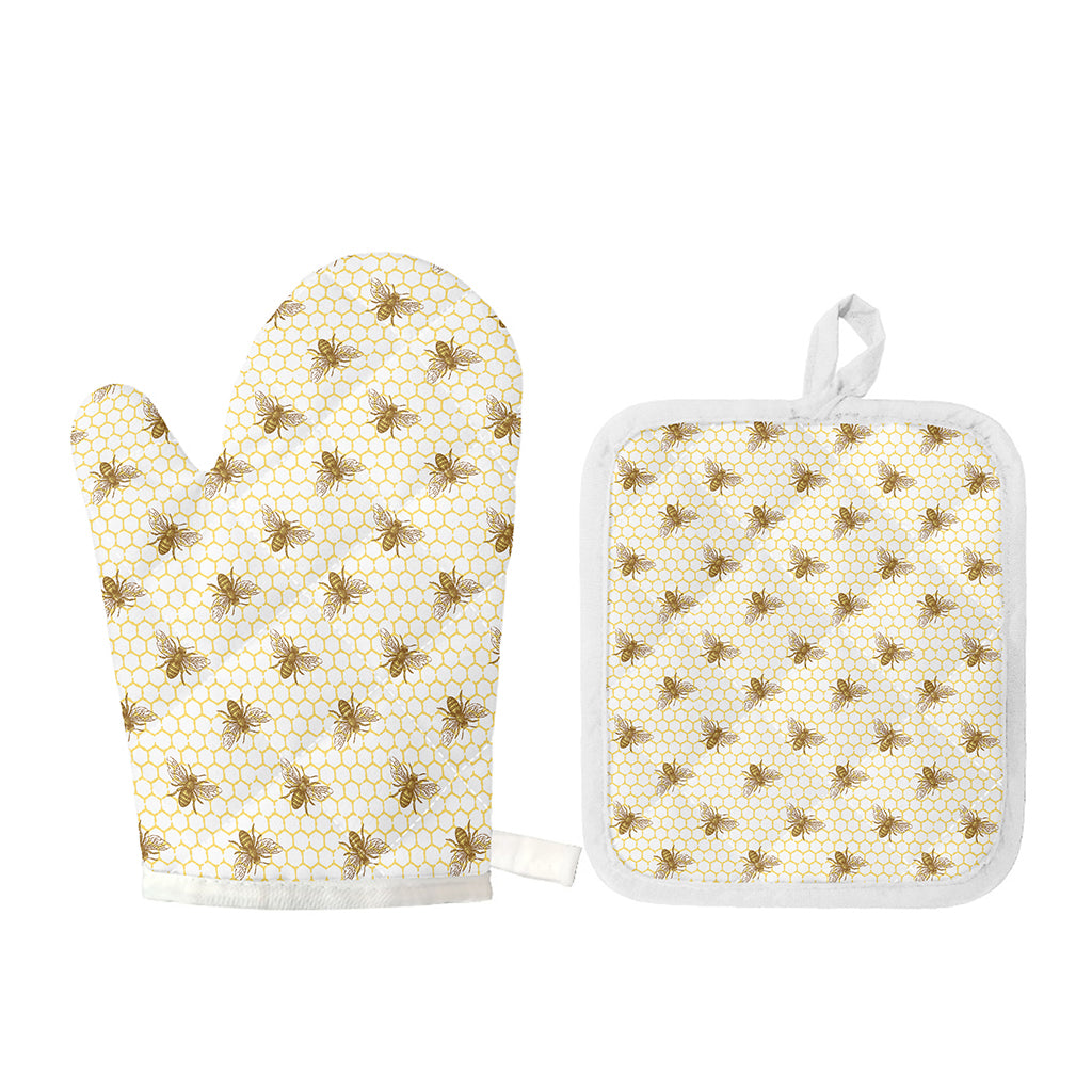 Honey Bee Hive Pattern Print Oven Mitt And Pot Holder Set