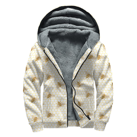 Honey Bee Hive Pattern Print Sherpa Lined Zip Up Hoodie